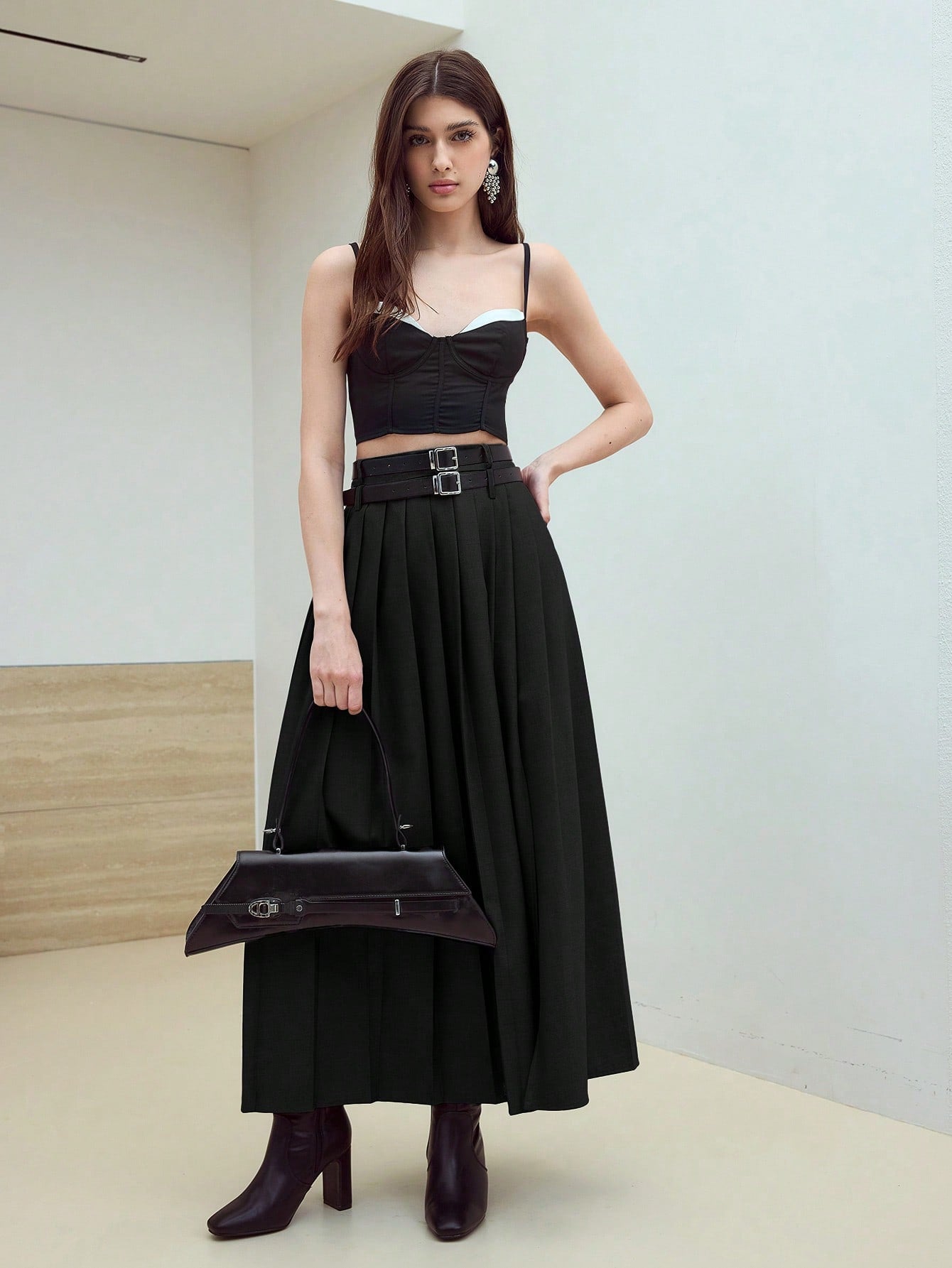 CM-BS916522 Women Elegant Seoul Style Mid Waist Pleated Split Thigh Belted Skirt - Black