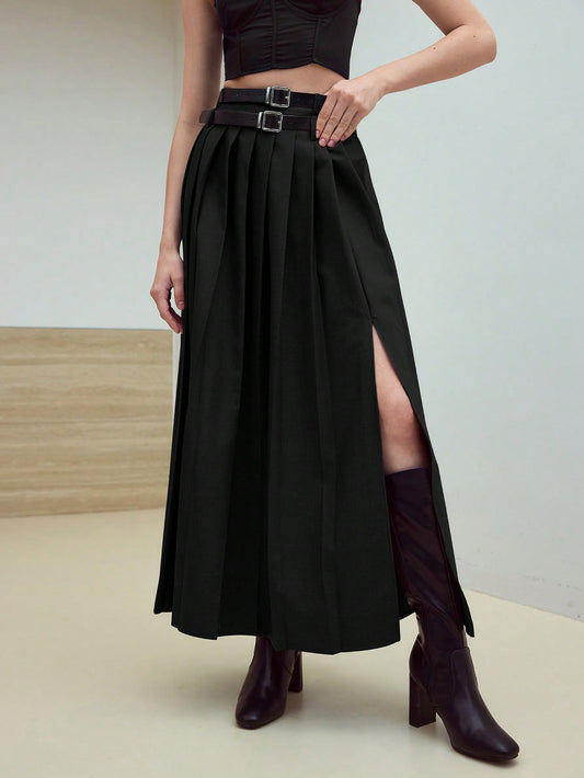 CM-BS916522 Women Elegant Seoul Style Mid Waist Pleated Split Thigh Belted Skirt - Black