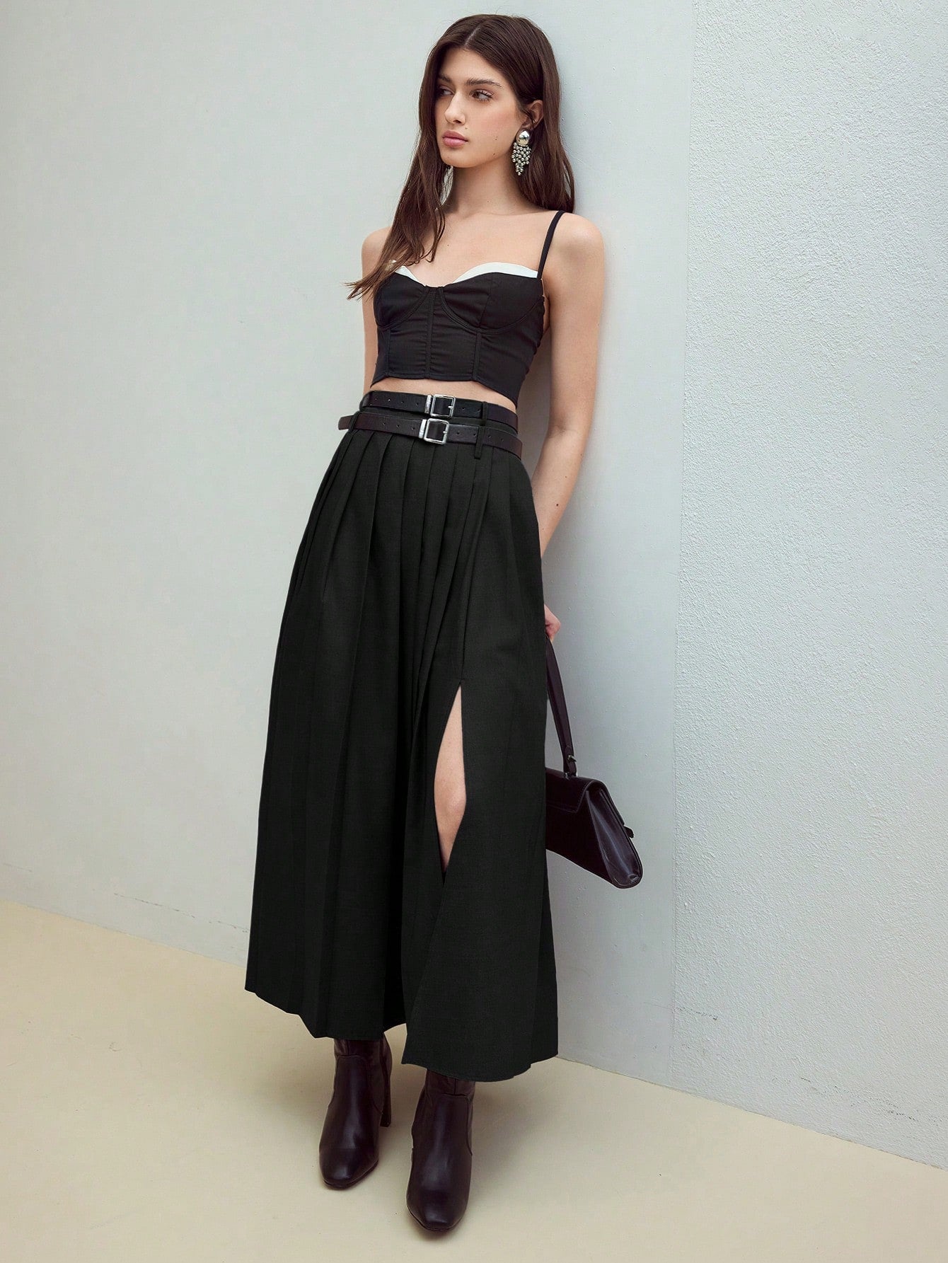CM-BS916522 Women Elegant Seoul Style Mid Waist Pleated Split Thigh Belted Skirt - Black