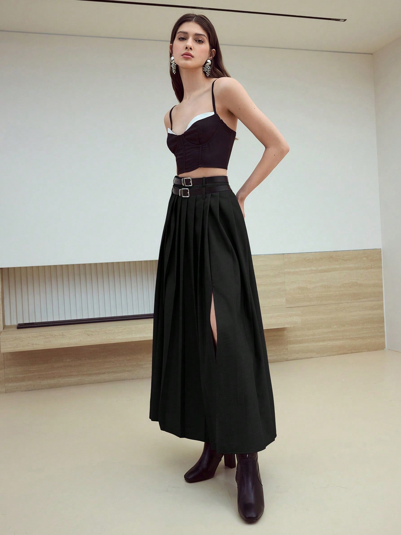 CM-BS916522 Women Elegant Seoul Style Mid Waist Pleated Split Thigh Belted Skirt - Black