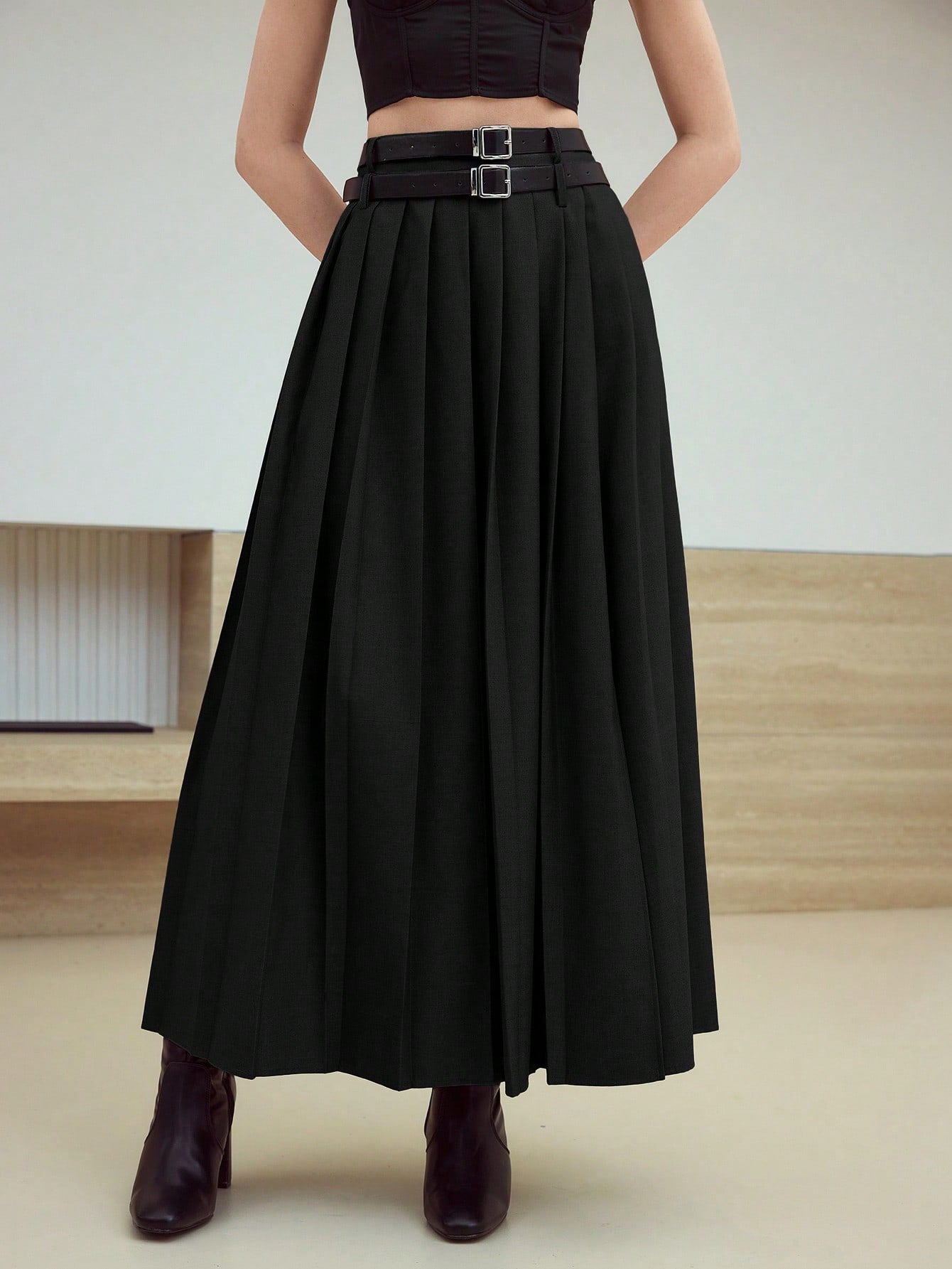 CM-BS916522 Women Elegant Seoul Style Mid Waist Pleated Split Thigh Belted Skirt - Black
