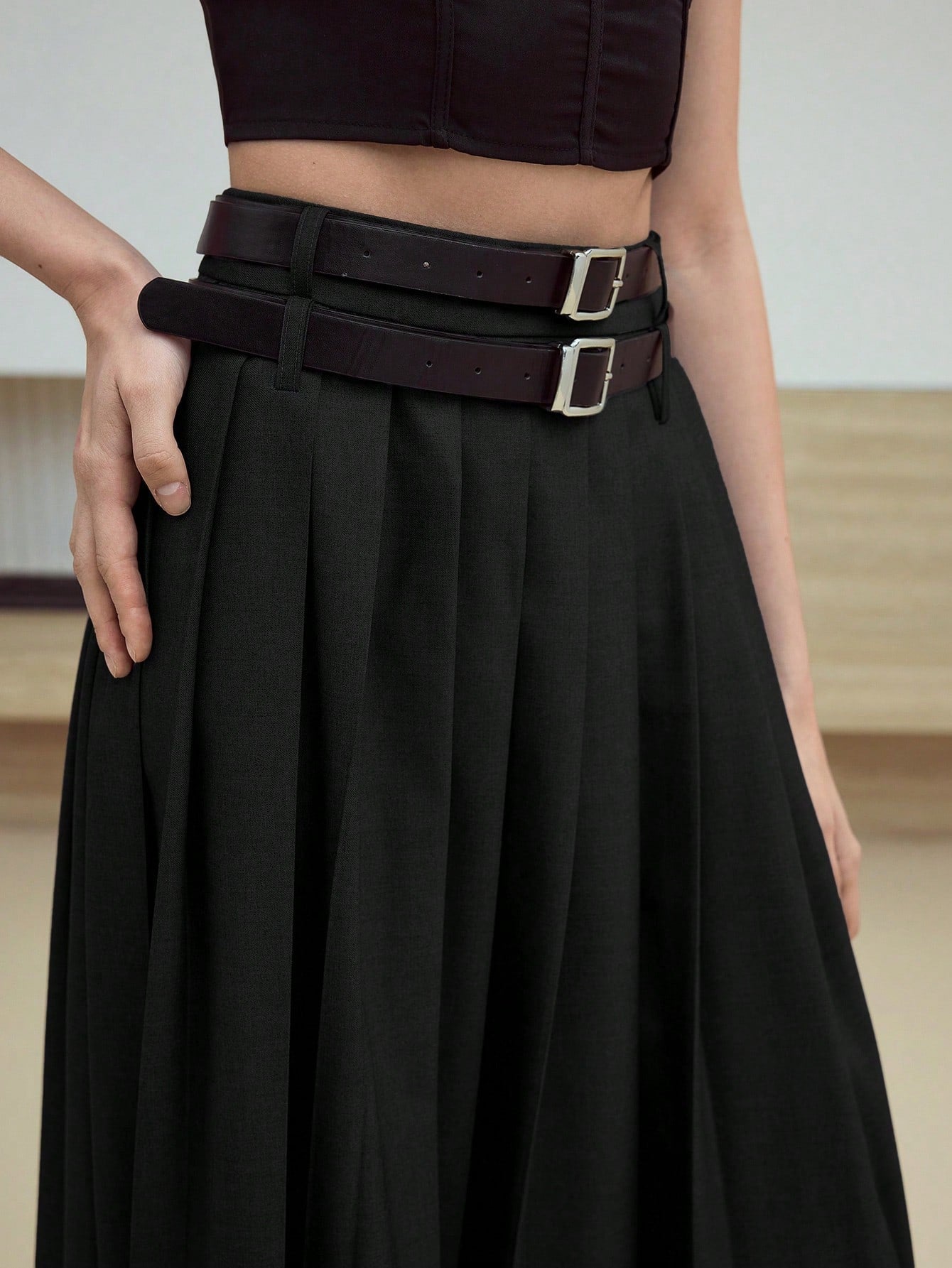 CM-BS916522 Women Elegant Seoul Style Mid Waist Pleated Split Thigh Belted Skirt - Black