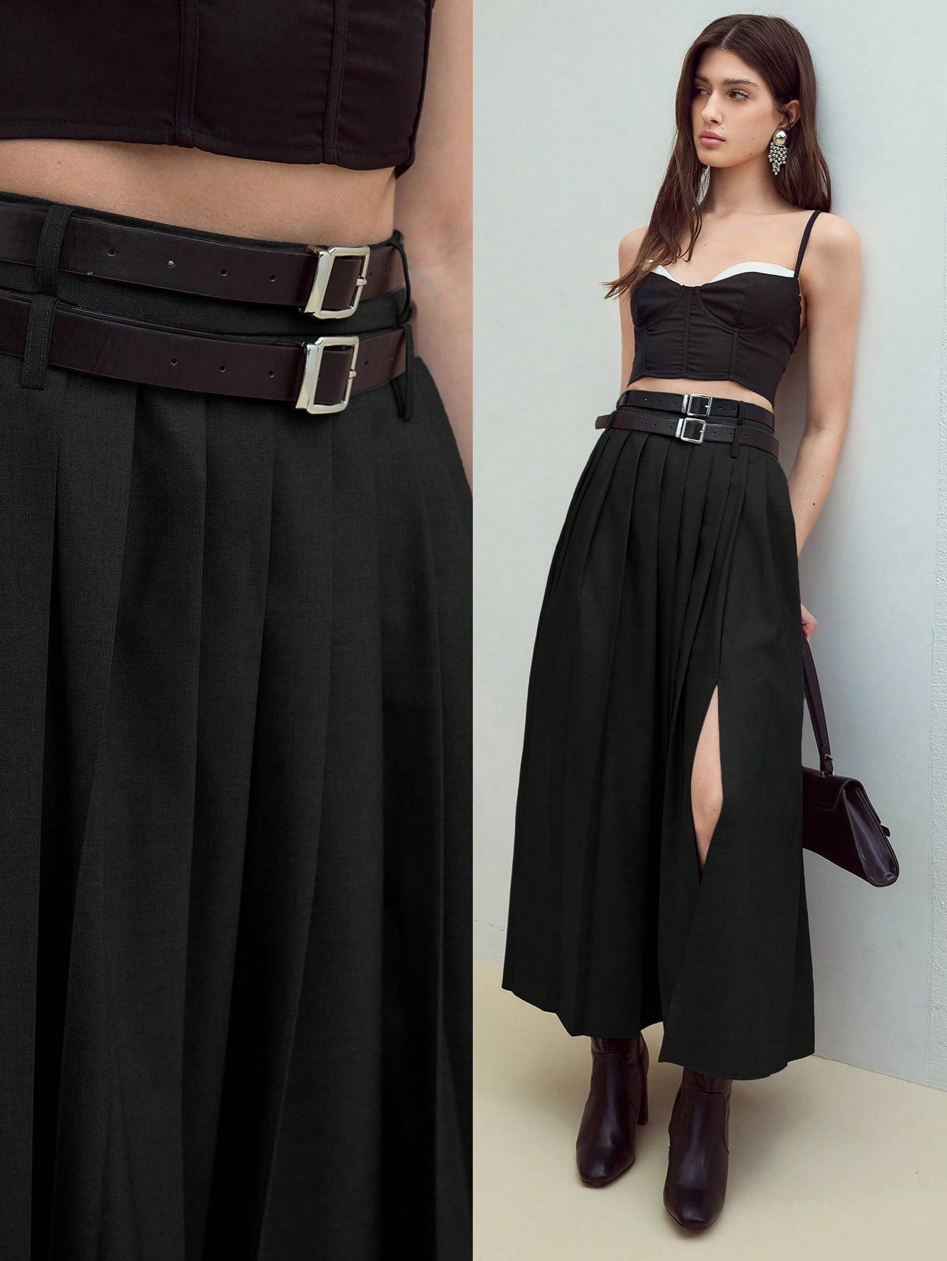 CM-BS916522 Women Elegant Seoul Style Mid Waist Pleated Split Thigh Belted Skirt - Black