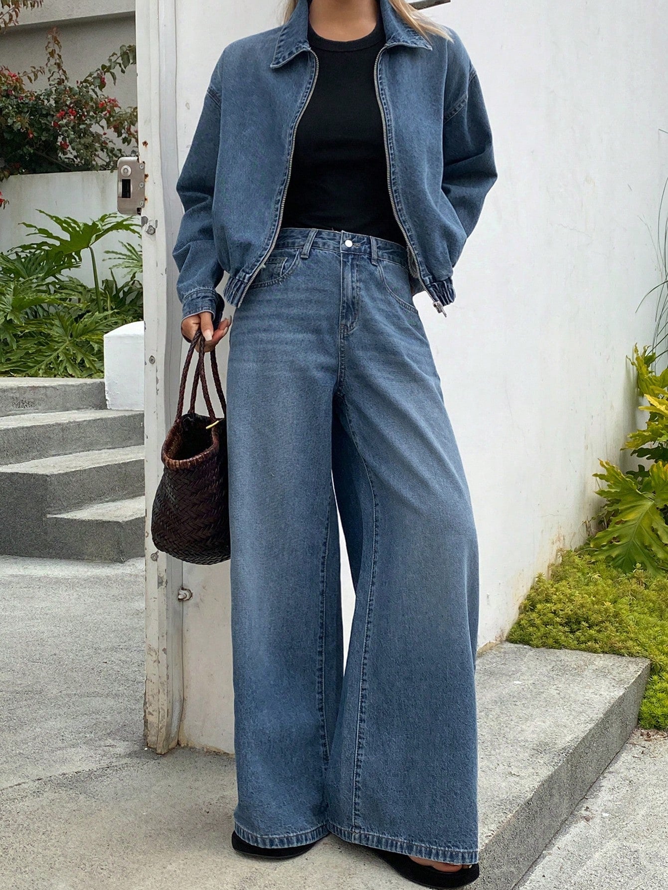 CM-SS400620 Women Elegant Seoul Style Collar Neckline Long Sleeve Denim Jacket With Loose Straight-Leg Jeans - Set