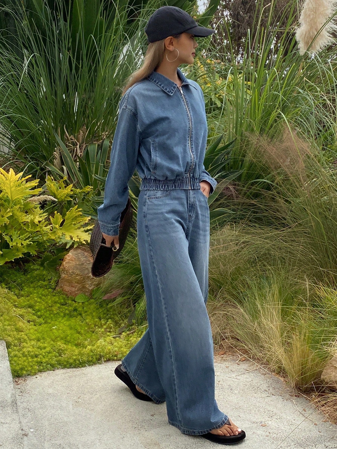 CM-SS400620 Women Elegant Seoul Style Collar Neckline Long Sleeve Denim Jacket With Loose Straight-Leg Jeans - Set