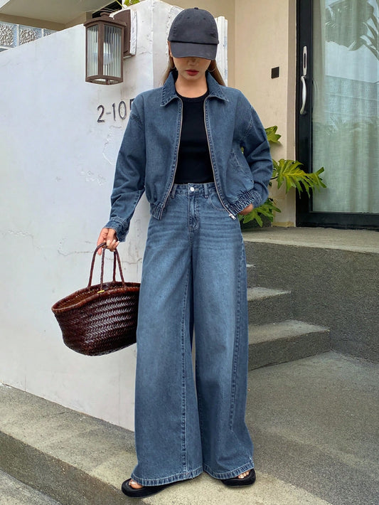 CM-SS400620 Women Elegant Seoul Style Collar Neckline Long Sleeve Denim Jacket With Loose Straight-Leg Jeans - Set