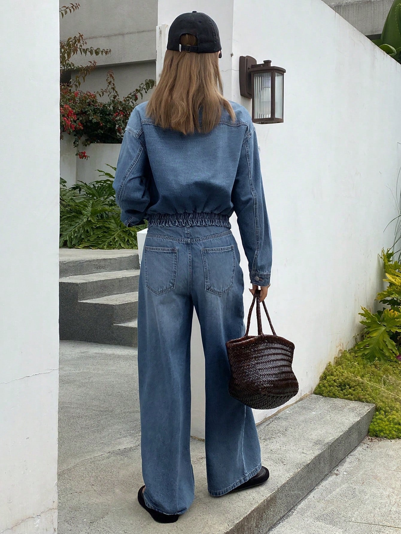 CM-SS400620 Women Elegant Seoul Style Collar Neckline Long Sleeve Denim Jacket With Loose Straight-Leg Jeans - Set