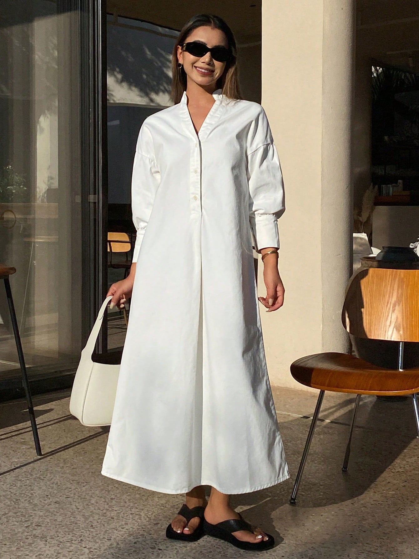 CM-DS137043 Women Casual Seoul Style Mandarin Collar Long Sleeve Open Front Maxi Denim Dress - White