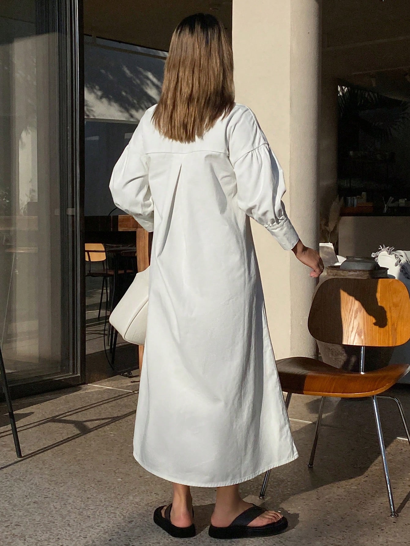 CM-DS137043 Women Casual Seoul Style Mandarin Collar Long Sleeve Open Front Maxi Denim Dress - White