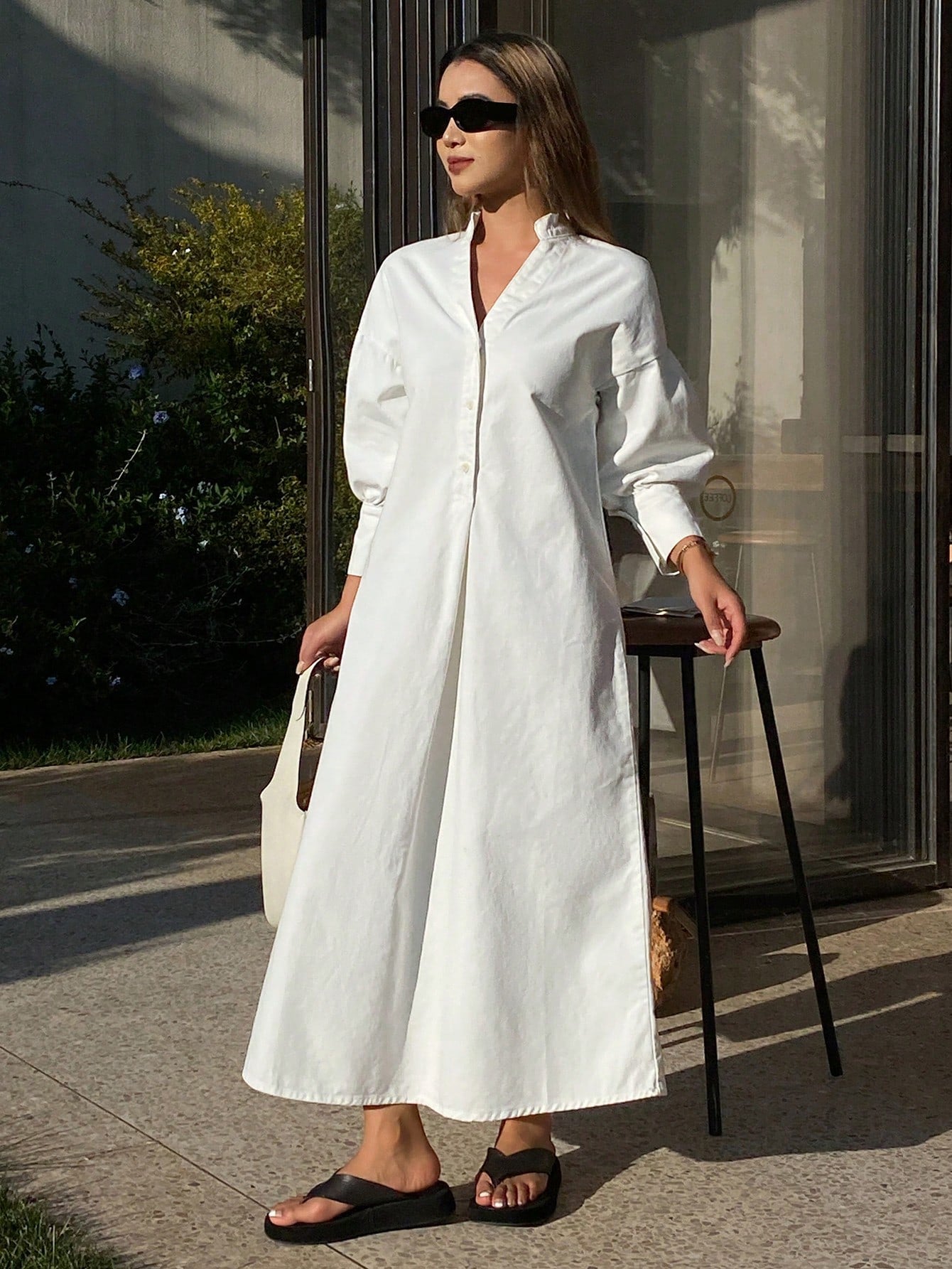 CM-DS137043 Women Casual Seoul Style Mandarin Collar Long Sleeve Open Front Maxi Denim Dress - White