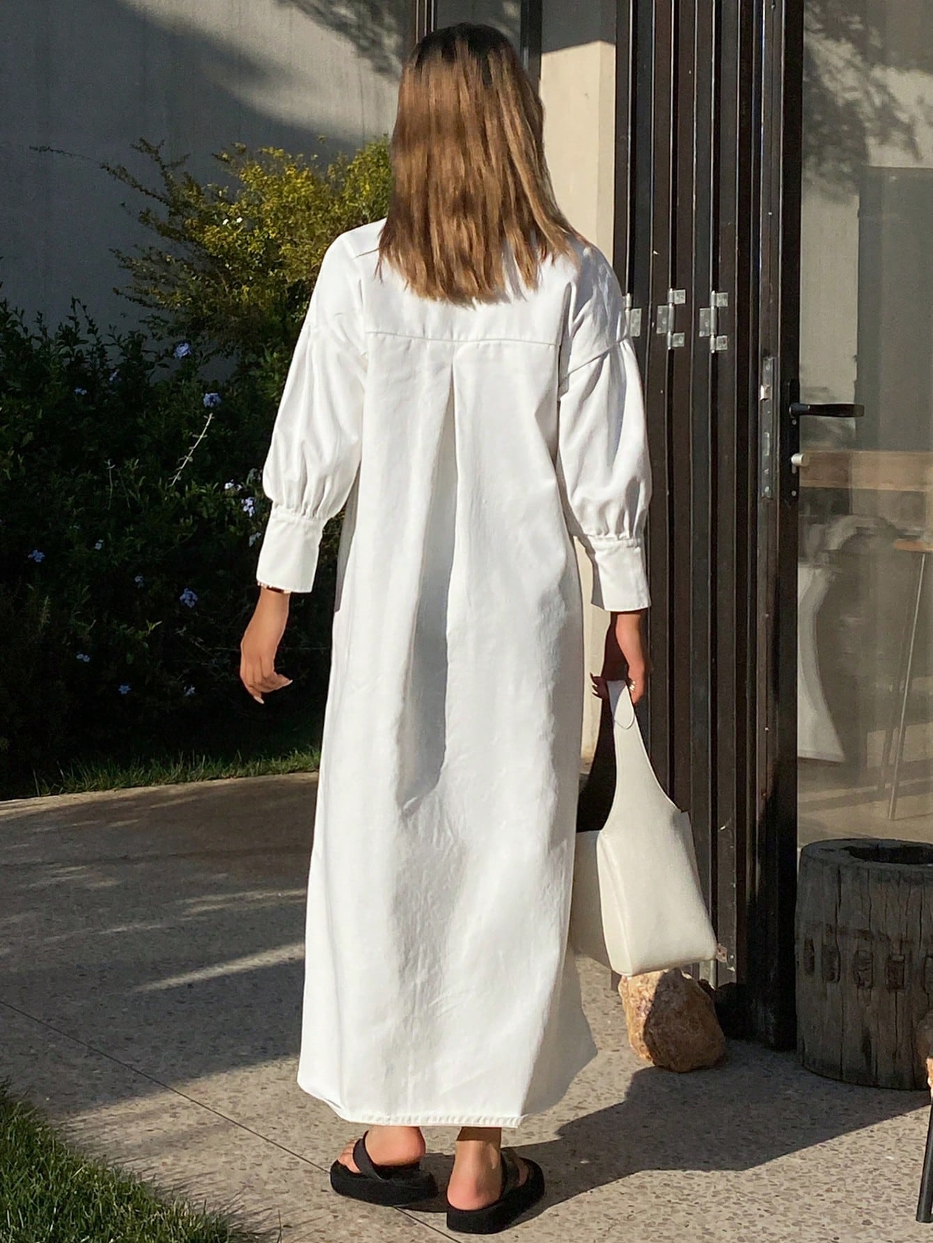 CM-DS137043 Women Casual Seoul Style Mandarin Collar Long Sleeve Open Front Maxi Denim Dress - White