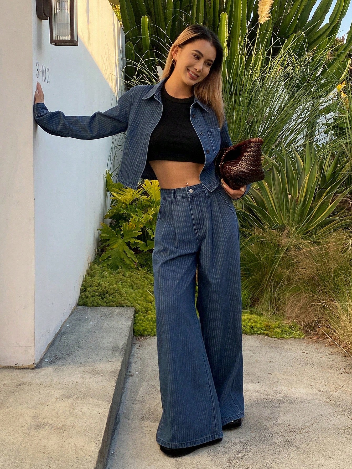 CM-SS445244 Women Casual Seoul Style Striped Collar Short Jacket With Straight Leg Denim Pants - Set