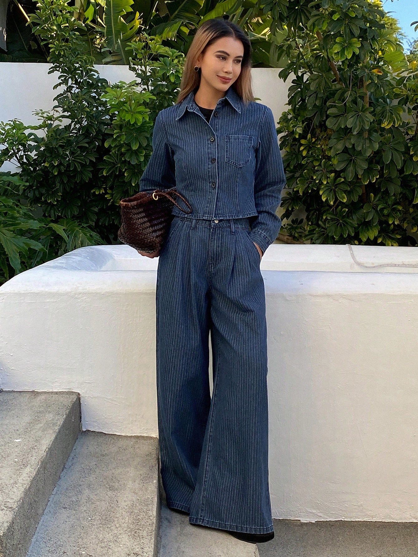 CM-SS445244 Women Casual Seoul Style Striped Collar Short Jacket With Straight Leg Denim Pants - Set