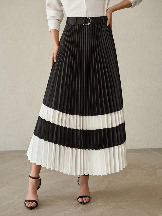 CM-BS001418 Women Elegant Seoul Style Mid Waist Two Tone Colorblock Pleated Belted Skirt
