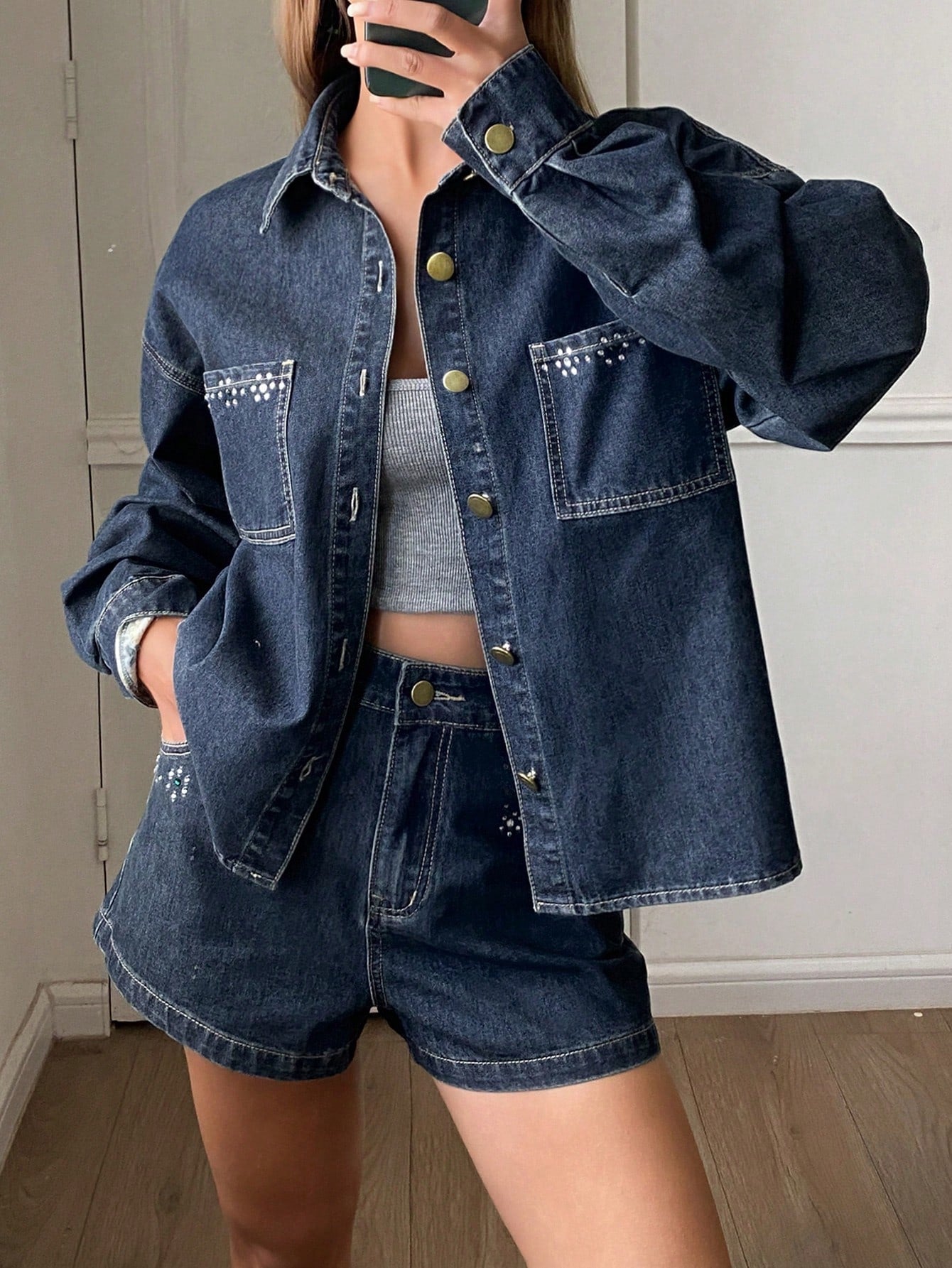 CM-SS902852 Women Casual Seoul Style Rhinestone Decor Loose Lapel Long Sleeve Denim Jackets With Straight Leg Shorts - Set
