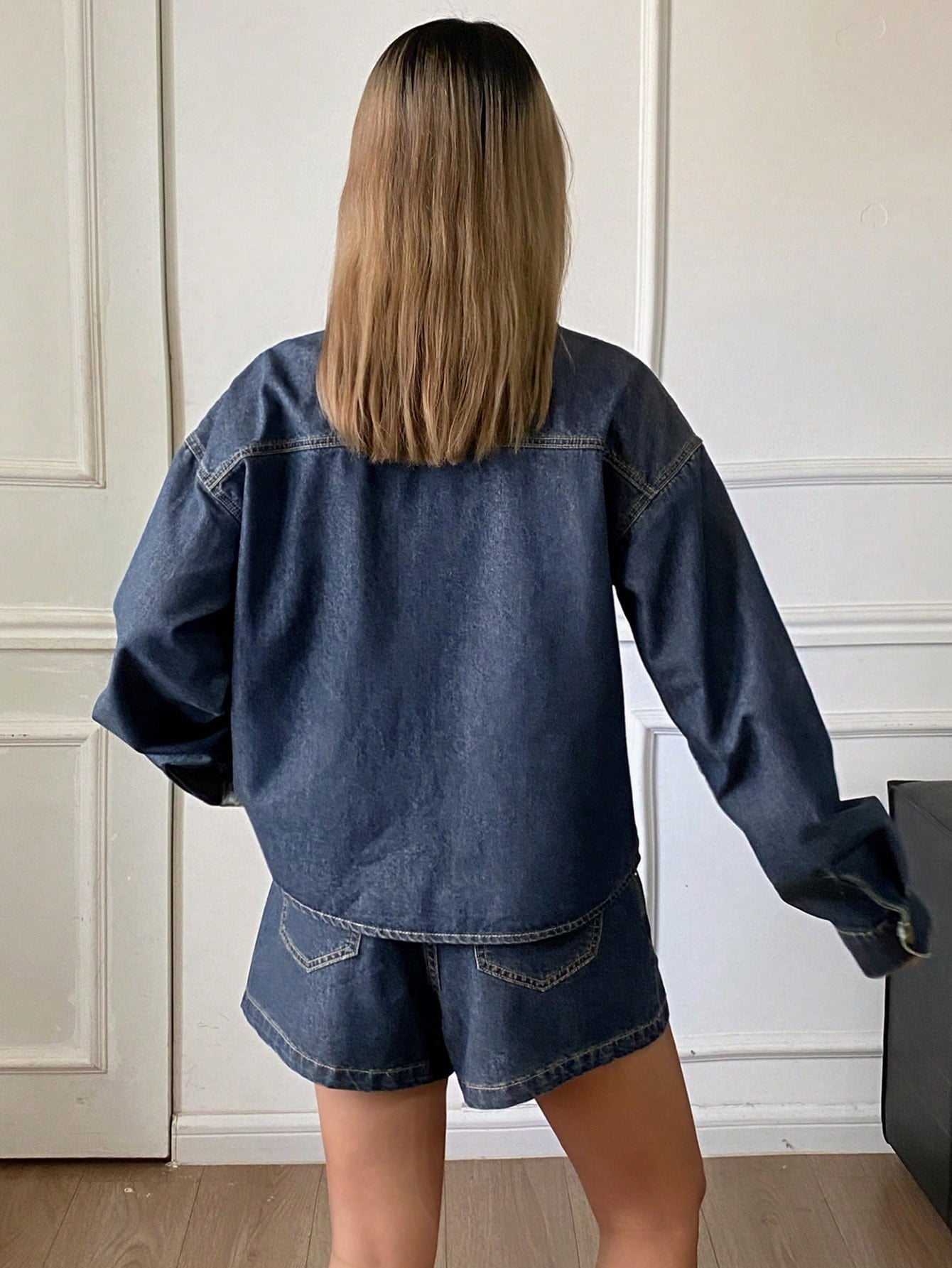 CM-SS902852 Women Casual Seoul Style Rhinestone Decor Loose Lapel Long Sleeve Denim Jackets With Straight Leg Shorts - Set