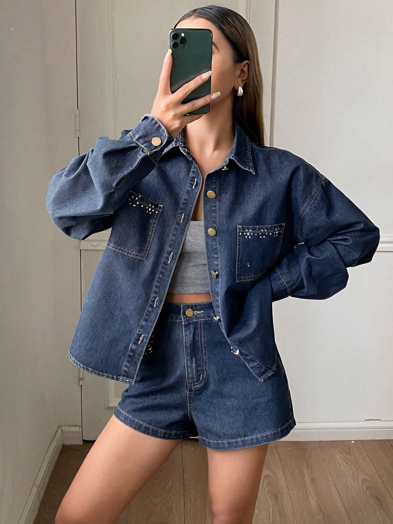 CM-SS902852 Women Casual Seoul Style Rhinestone Decor Loose Lapel Long Sleeve Denim Jackets With Straight Leg Shorts - Set