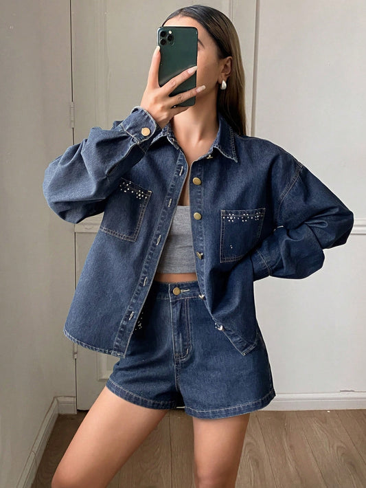 CM-SS902852 Women Casual Seoul Style Rhinestone Decor Loose Lapel Long Sleeve Denim Jackets With Straight Leg Shorts - Set