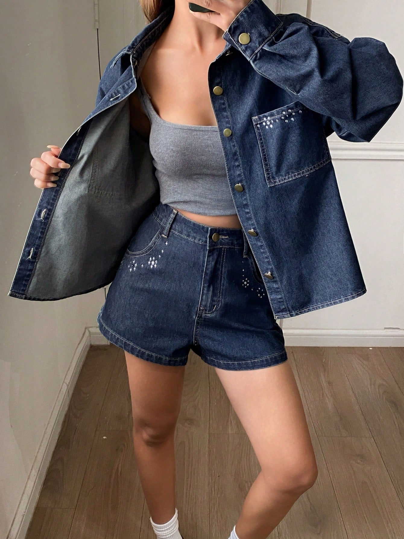 CM-SS902852 Women Casual Seoul Style Rhinestone Decor Loose Lapel Long Sleeve Denim Jackets With Straight Leg Shorts - Set