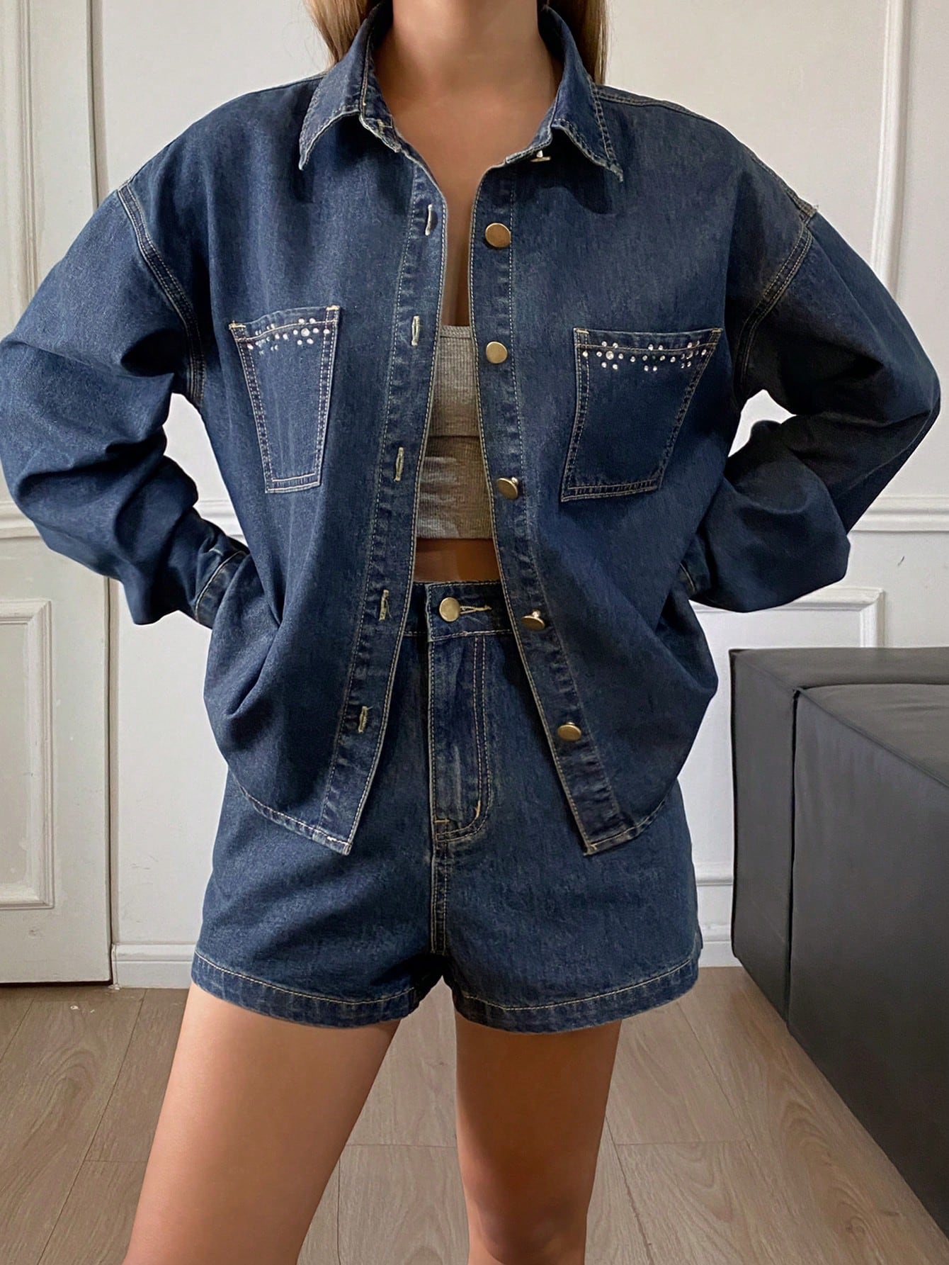 CM-SS902852 Women Casual Seoul Style Rhinestone Decor Loose Lapel Long Sleeve Denim Jackets With Straight Leg Shorts - Set