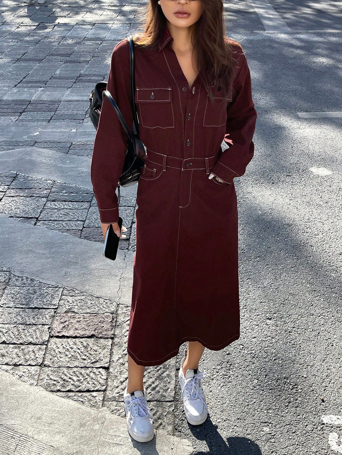CM-DS844257 Women Casual Seoul Style Collared Neckline Long Sleeve Waist Pocket Decor Denim Dress - Burgundy