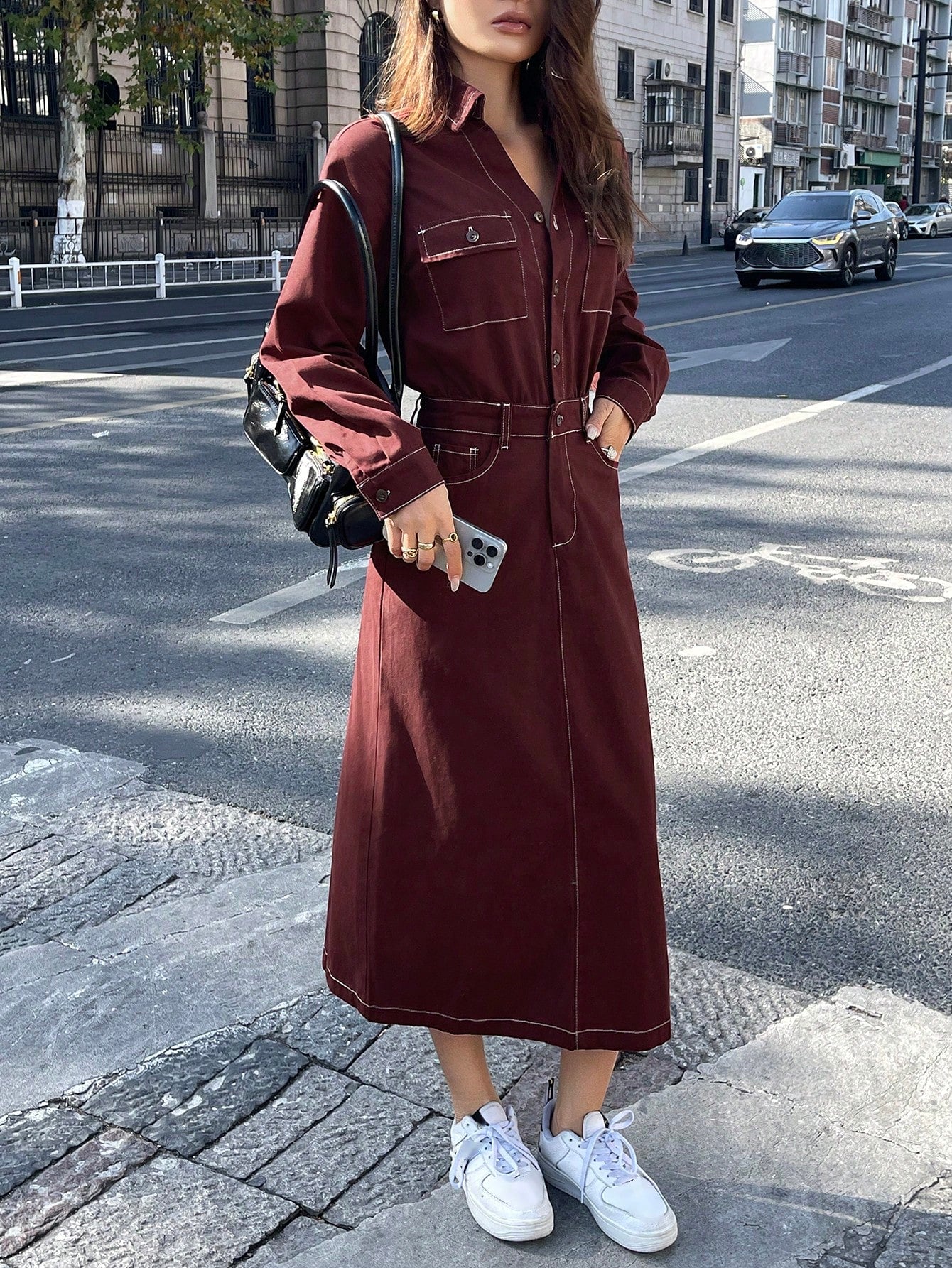 CM-DS844257 Women Casual Seoul Style Collared Neckline Long Sleeve Waist Pocket Decor Denim Dress - Burgundy