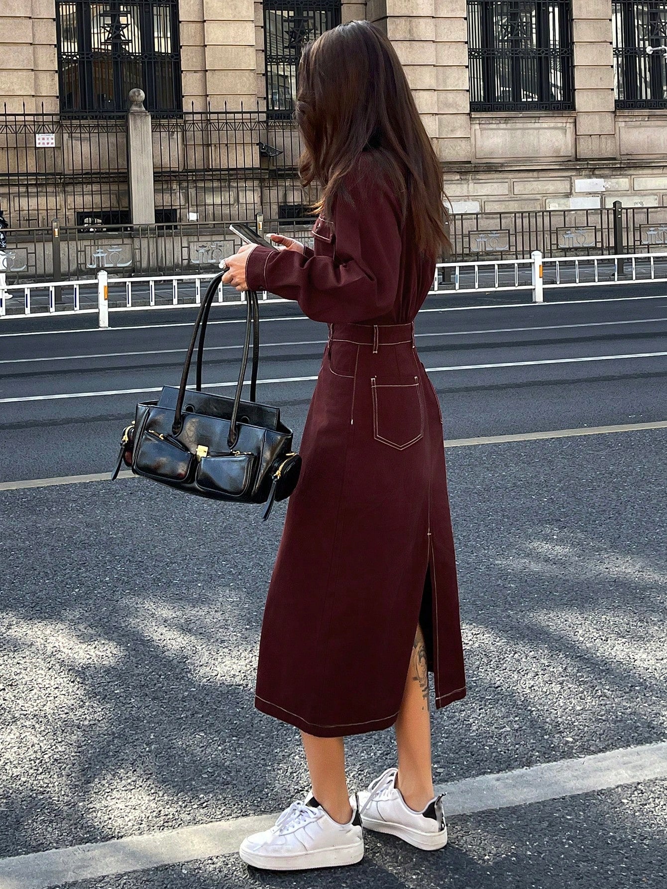 CM-DS844257 Women Casual Seoul Style Collared Neckline Long Sleeve Waist Pocket Decor Denim Dress - Burgundy