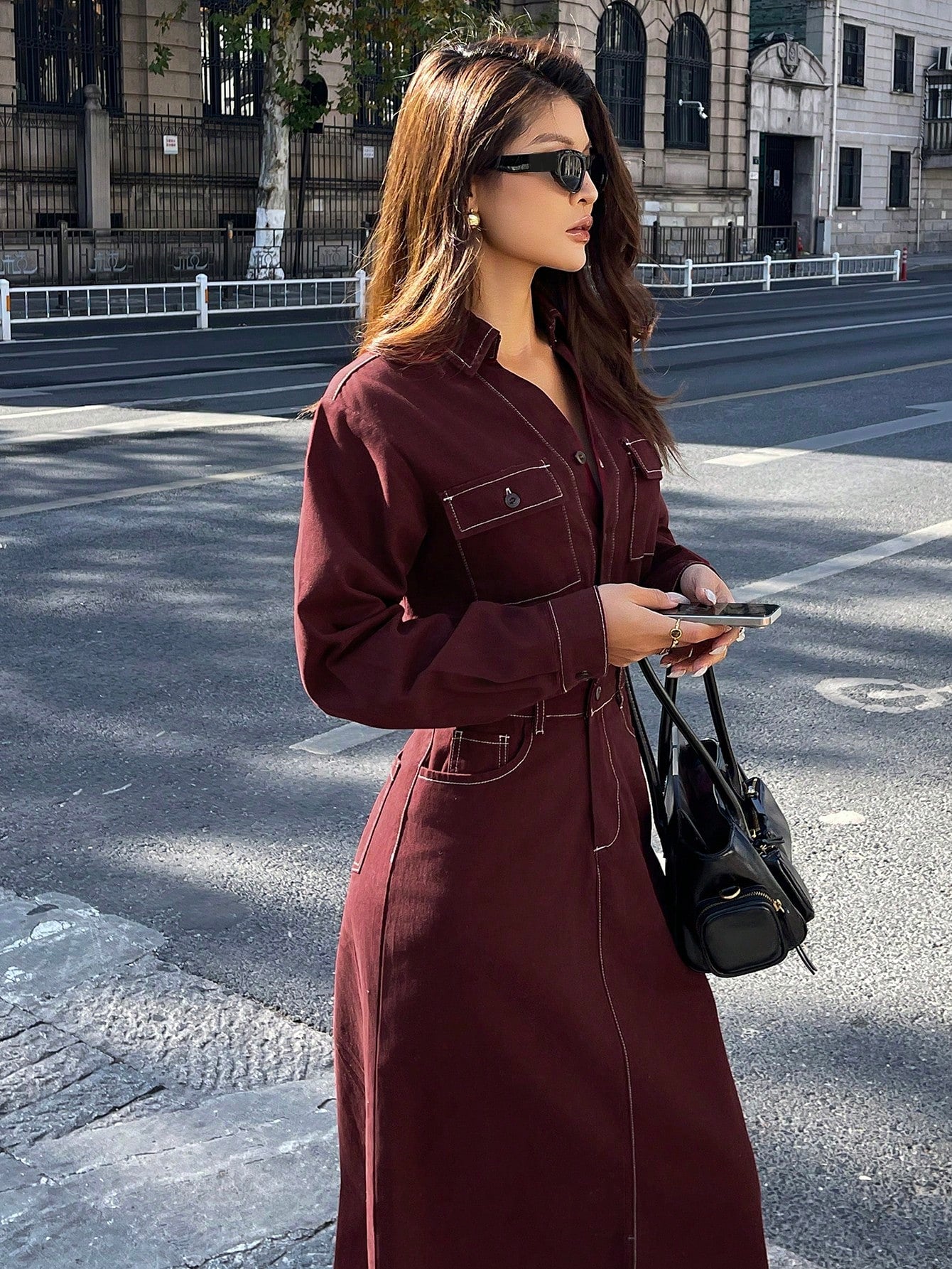 CM-DS844257 Women Casual Seoul Style Collared Neckline Long Sleeve Waist Pocket Decor Denim Dress - Burgundy