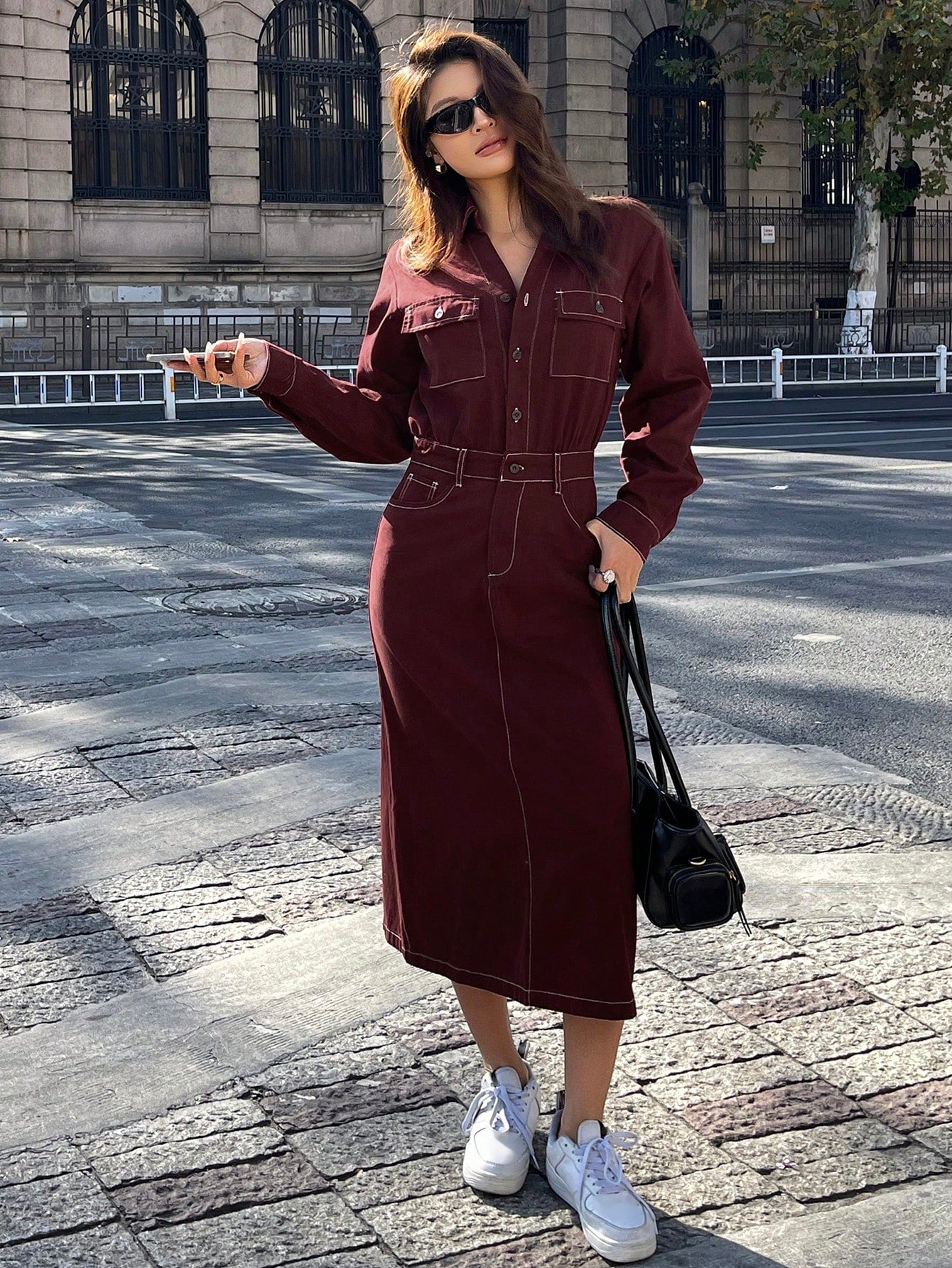 CM-DS844257 Women Casual Seoul Style Collared Neckline Long Sleeve Waist Pocket Decor Denim Dress - Burgundy