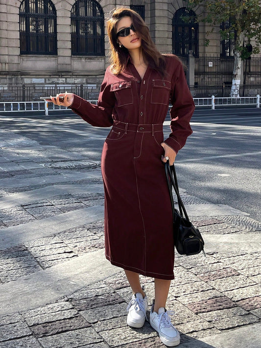 CM-DS844257 Women Casual Seoul Style Collared Neckline Long Sleeve Waist Pocket Decor Denim Dress - Burgundy