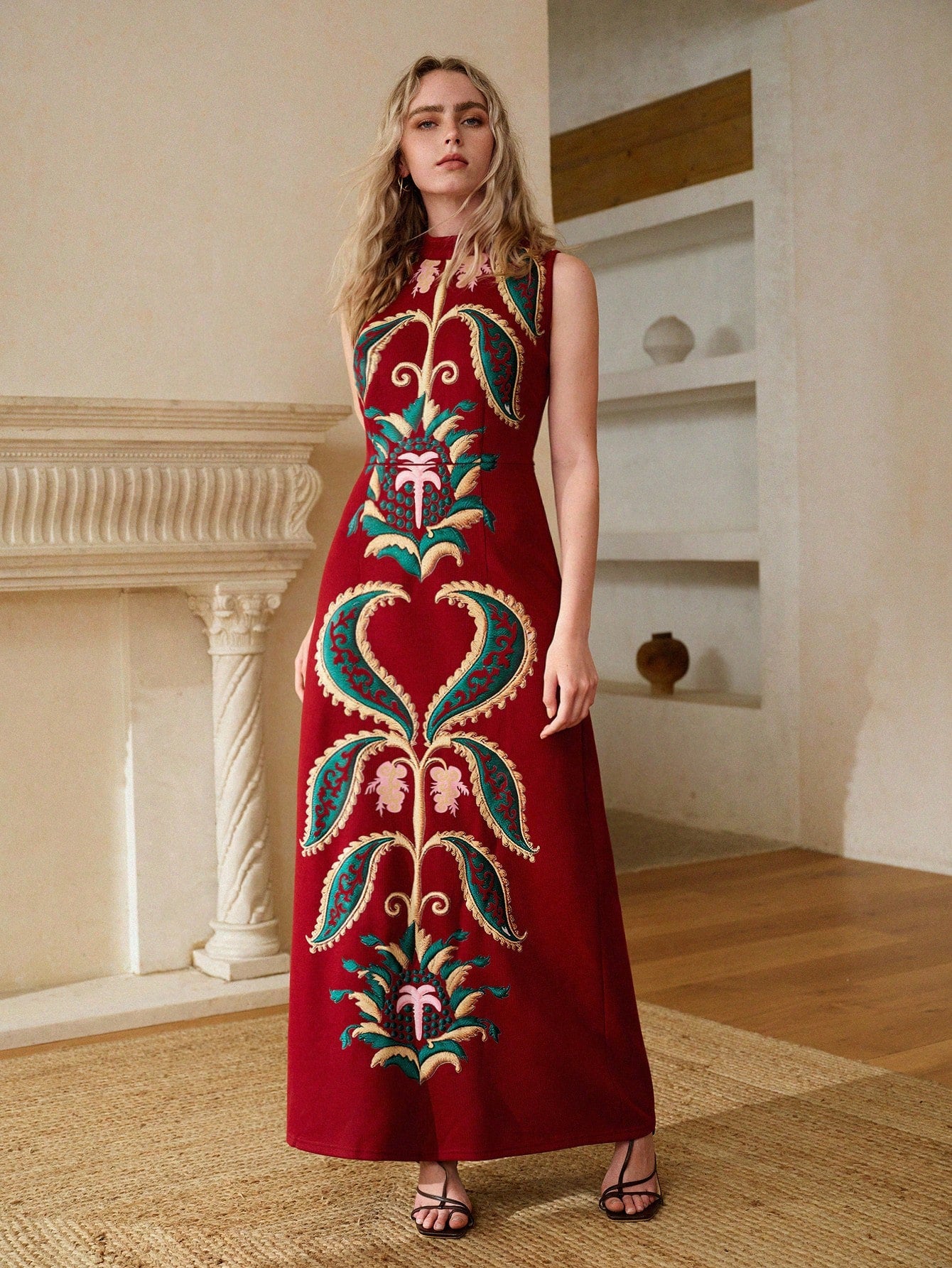 CM-DS965051 Women Elegant Seoul Style Stand Collar Sleeveless Mid Waist Floral Embroidery Long Dress - Fiery Red