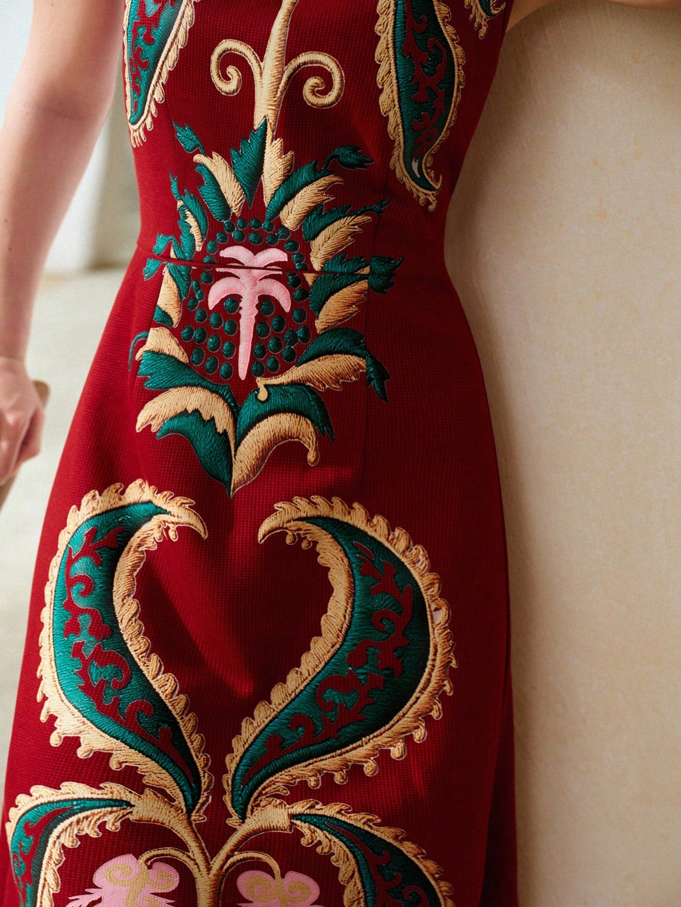 CM-DS965051 Women Elegant Seoul Style Stand Collar Sleeveless Mid Waist Floral Embroidery Long Dress - Fiery Red