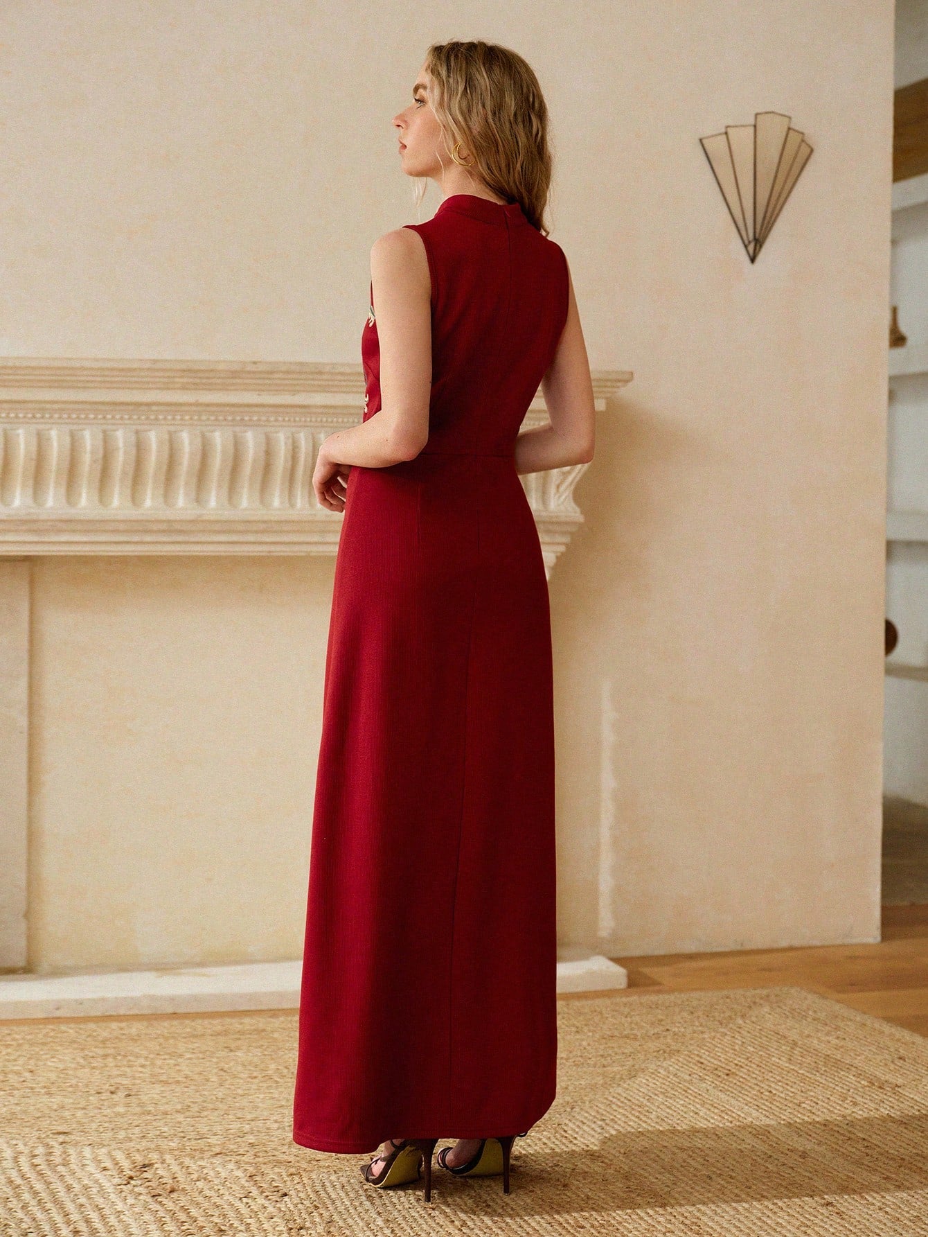 CM-DS965051 Women Elegant Seoul Style Stand Collar Sleeveless Mid Waist Floral Embroidery Long Dress - Fiery Red