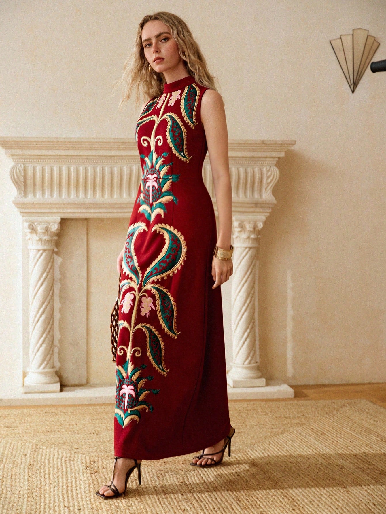 CM-DS965051 Women Elegant Seoul Style Stand Collar Sleeveless Mid Waist Floral Embroidery Long Dress - Fiery Red
