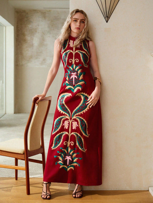 CM-DS965051 Women Elegant Seoul Style Stand Collar Sleeveless Mid Waist Floral Embroidery Long Dress - Fiery Red