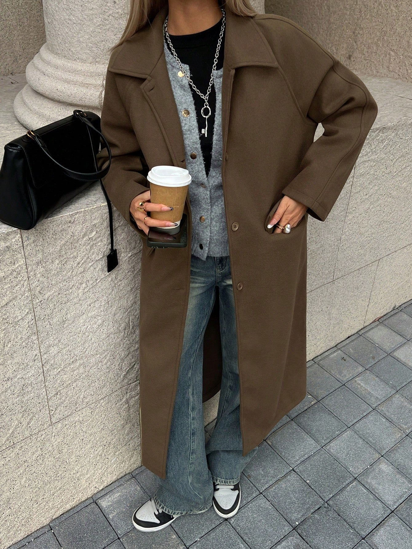 CM-CS189961 Women Elegant Seoul Style Solid Color Collar Neckline Raglan Sleeve Single-Breasted Long Jacket