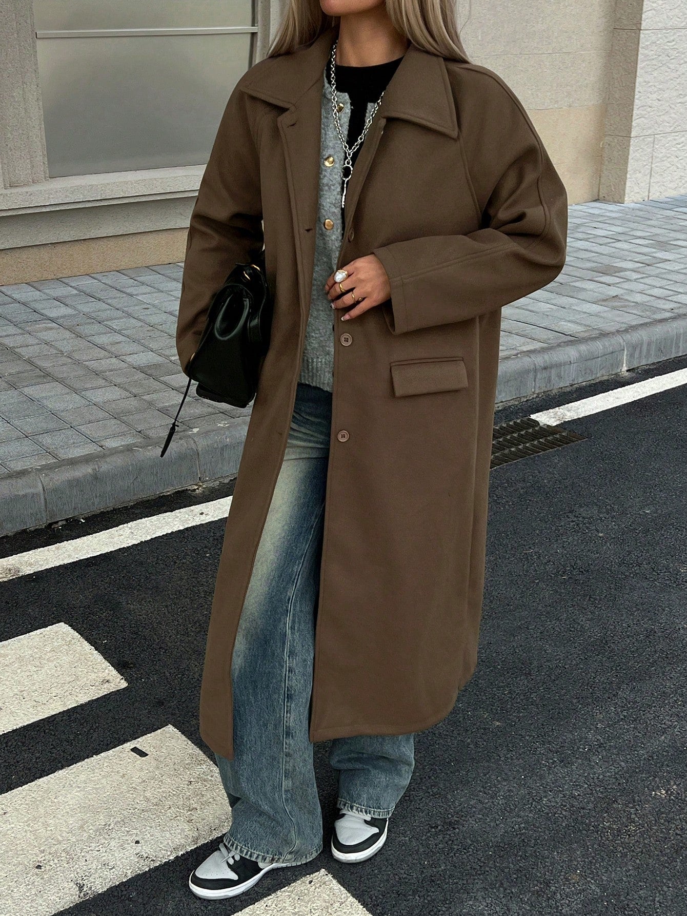 CM-CS189961 Women Elegant Seoul Style Solid Color Collar Neckline Raglan Sleeve Single-Breasted Long Jacket