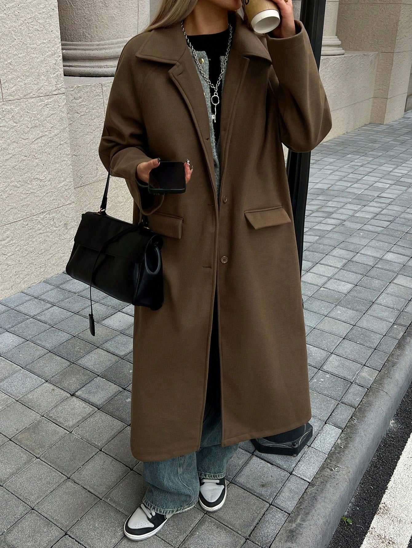 CM-CS189961 Women Elegant Seoul Style Solid Color Collar Neckline Raglan Sleeve Single-Breasted Long Jacket