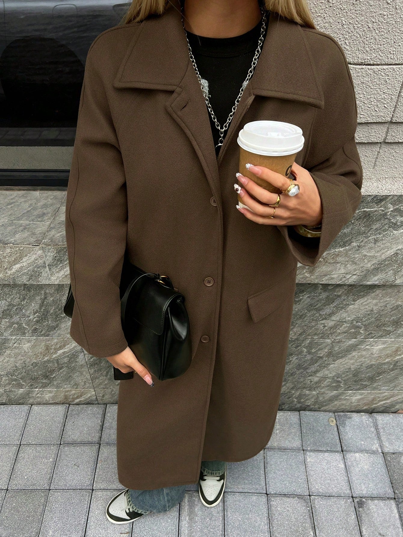 CM-CS189961 Women Elegant Seoul Style Solid Color Collar Neckline Raglan Sleeve Single-Breasted Long Jacket
