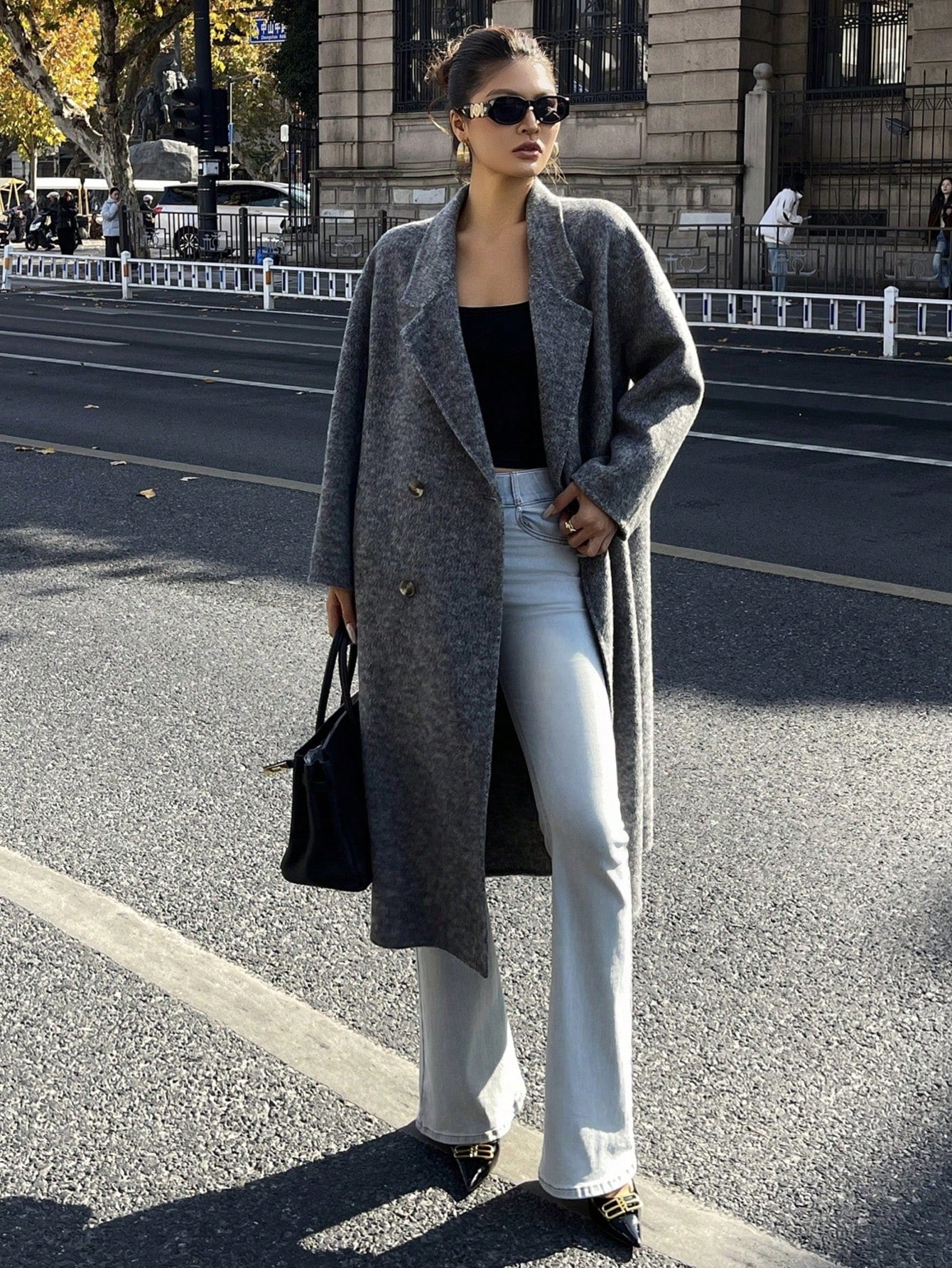 CM-CS473446 Women Elegant Seoul Style Lapel Neckline Long Sleeve Double-Breasted Waist Belt Overcoat - Gray
