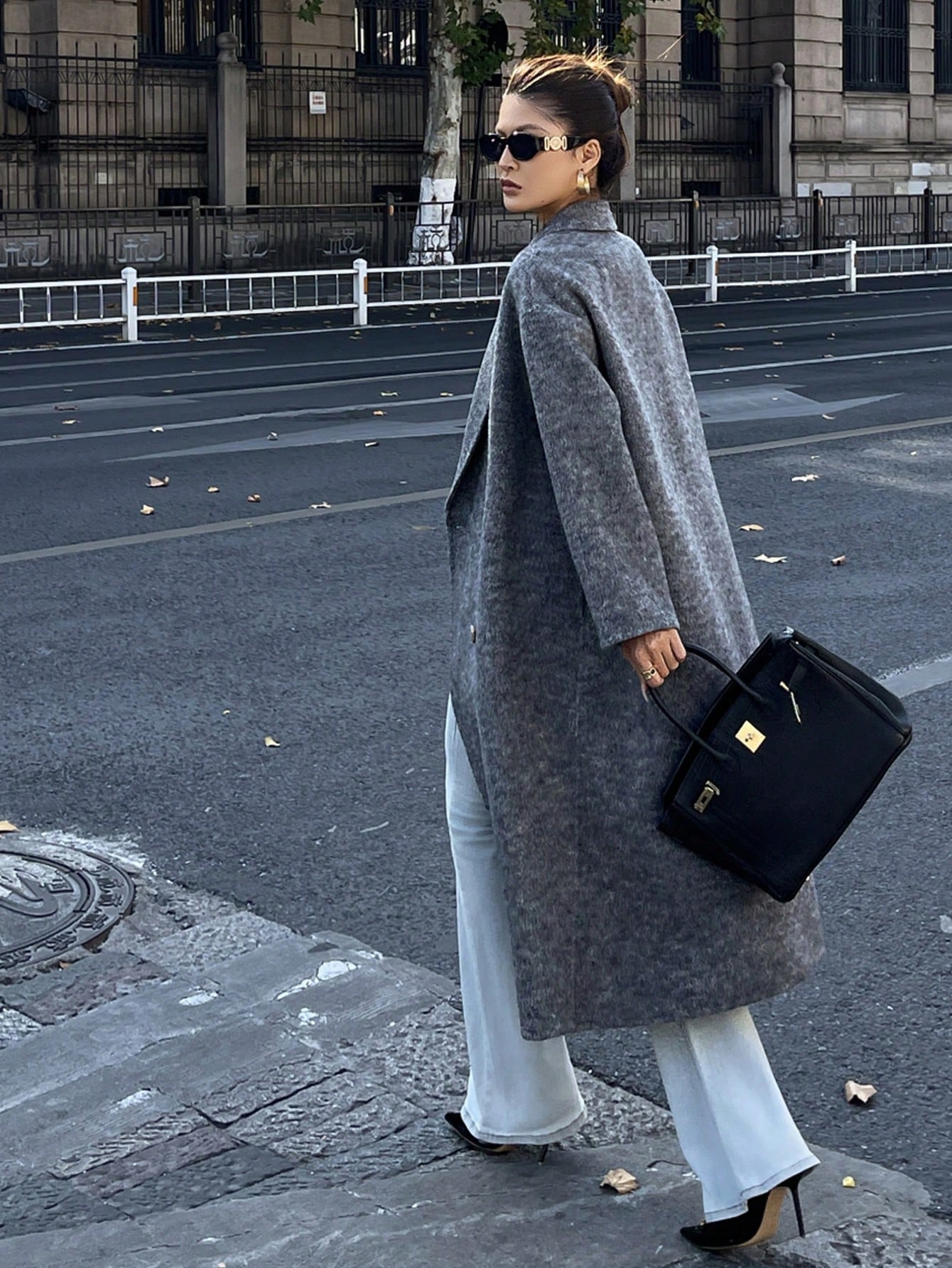 CM-CS473446 Women Elegant Seoul Style Lapel Neckline Long Sleeve Double-Breasted Waist Belt Overcoat - Gray