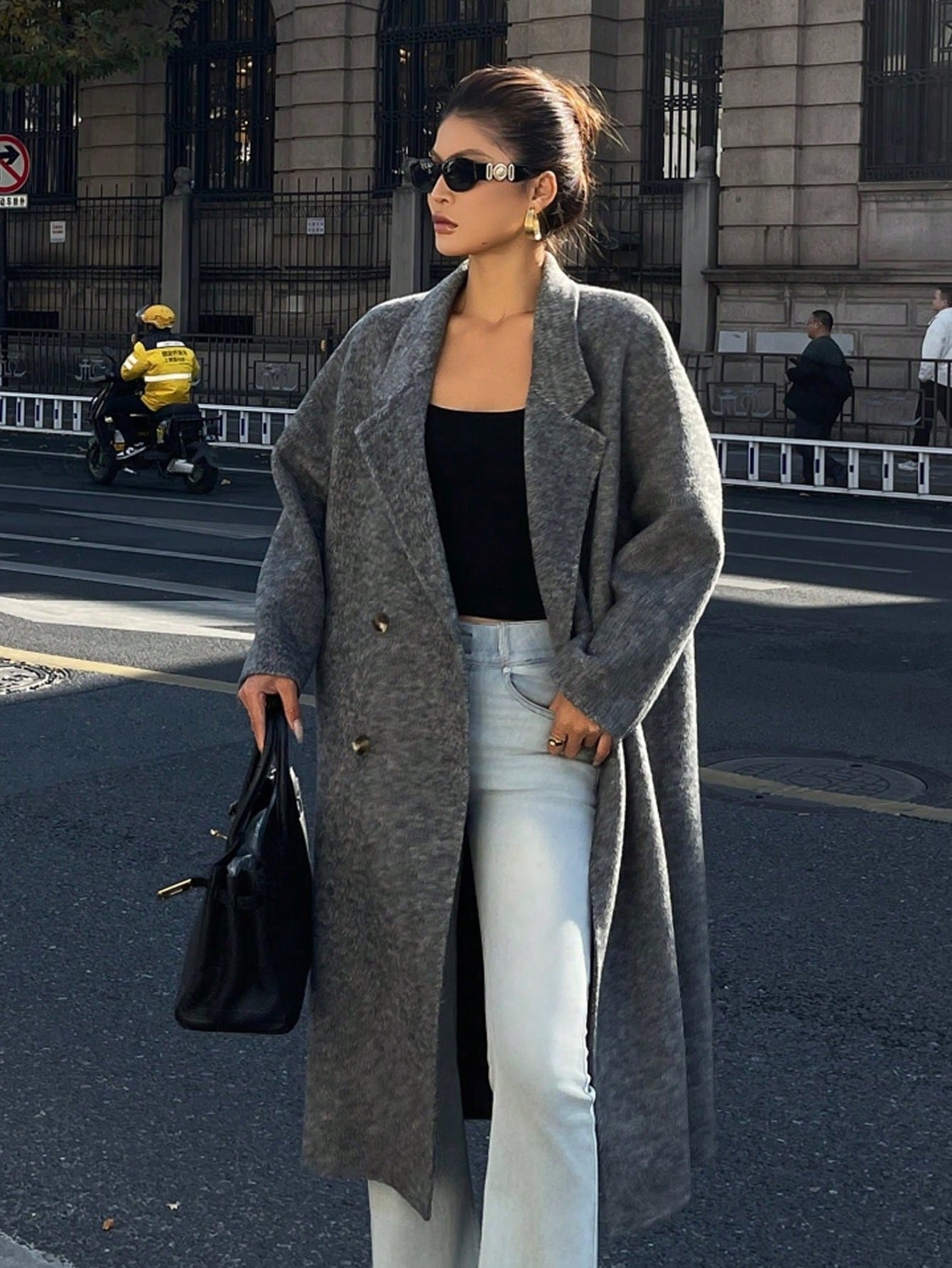 CM-CS473446 Women Elegant Seoul Style Lapel Neckline Long Sleeve Double-Breasted Waist Belt Overcoat - Gray