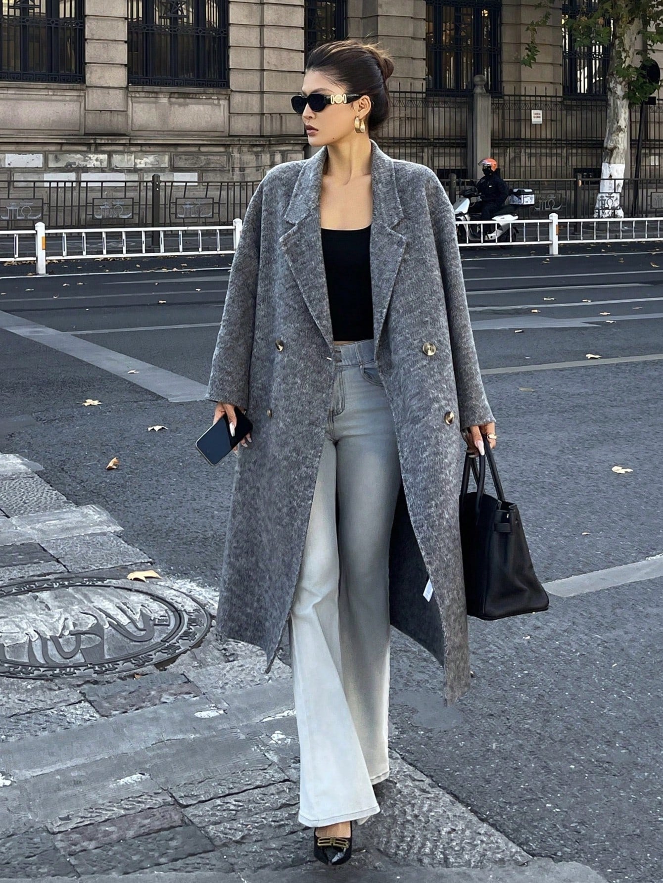 CM-CS473446 Women Elegant Seoul Style Lapel Neckline Long Sleeve Double-Breasted Waist Belt Overcoat - Gray