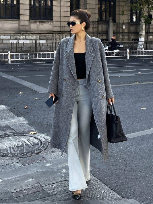 CM-CS473446 Women Elegant Seoul Style Lapel Neckline Long Sleeve Double-Breasted Waist Belt Overcoat - Gray