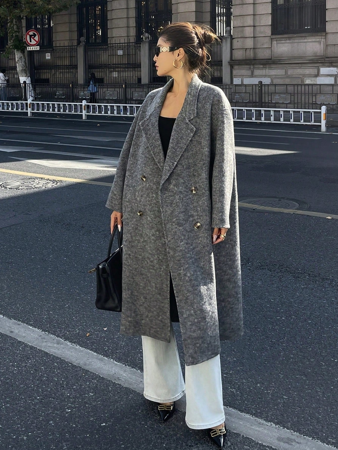CM-CS473446 Women Elegant Seoul Style Lapel Neckline Long Sleeve Double-Breasted Waist Belt Overcoat - Gray