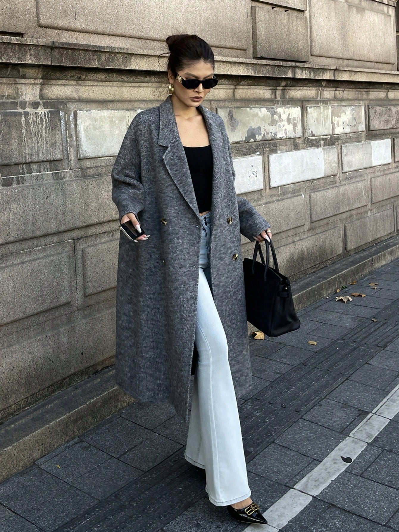 CM-CS473446 Women Elegant Seoul Style Lapel Neckline Long Sleeve Double-Breasted Waist Belt Overcoat - Gray