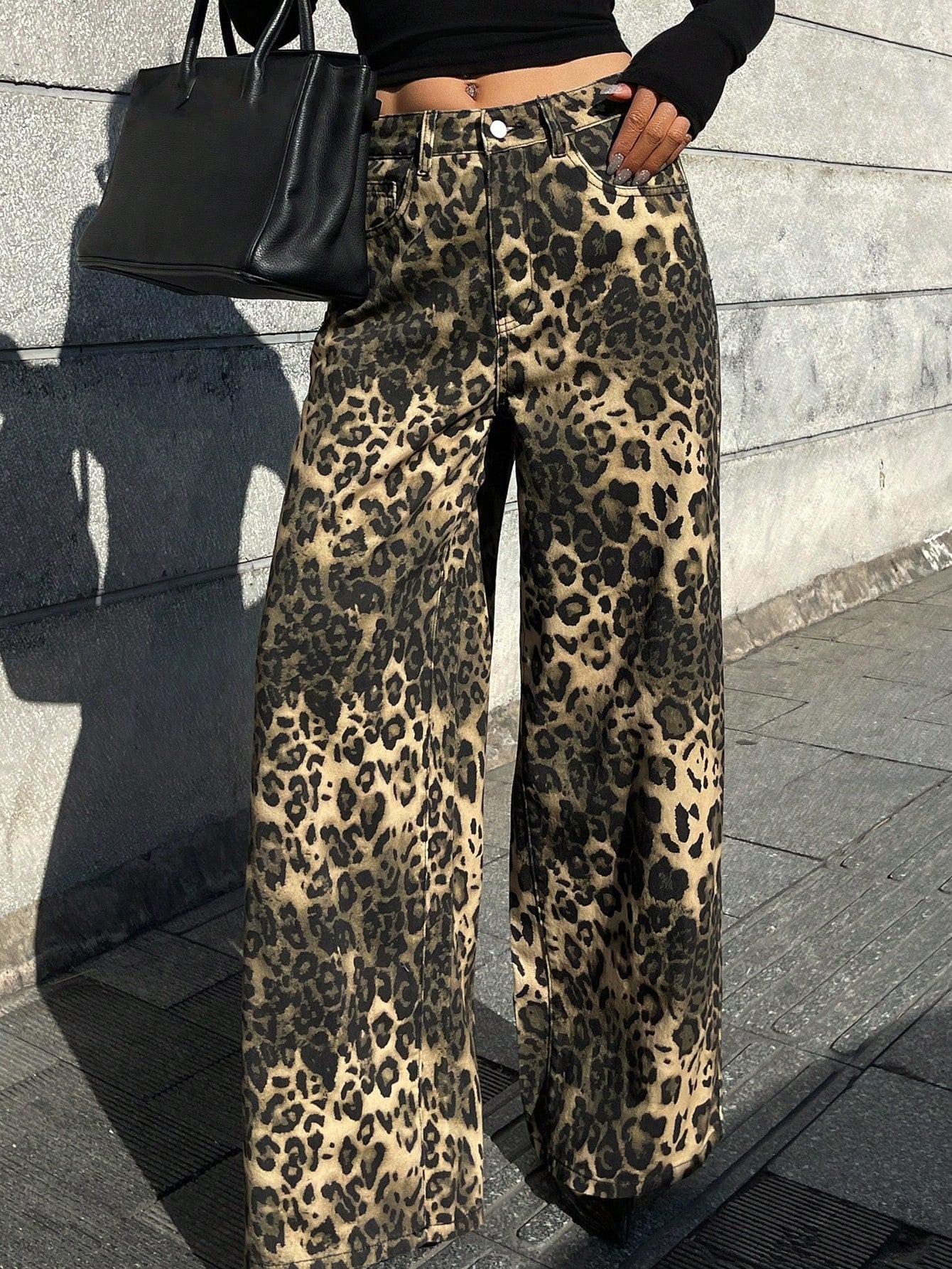 CM-BS884969 Women Casual Seoul Style High Waist Leopard Print Straight Leg Loose Jeans - Coffee Brown