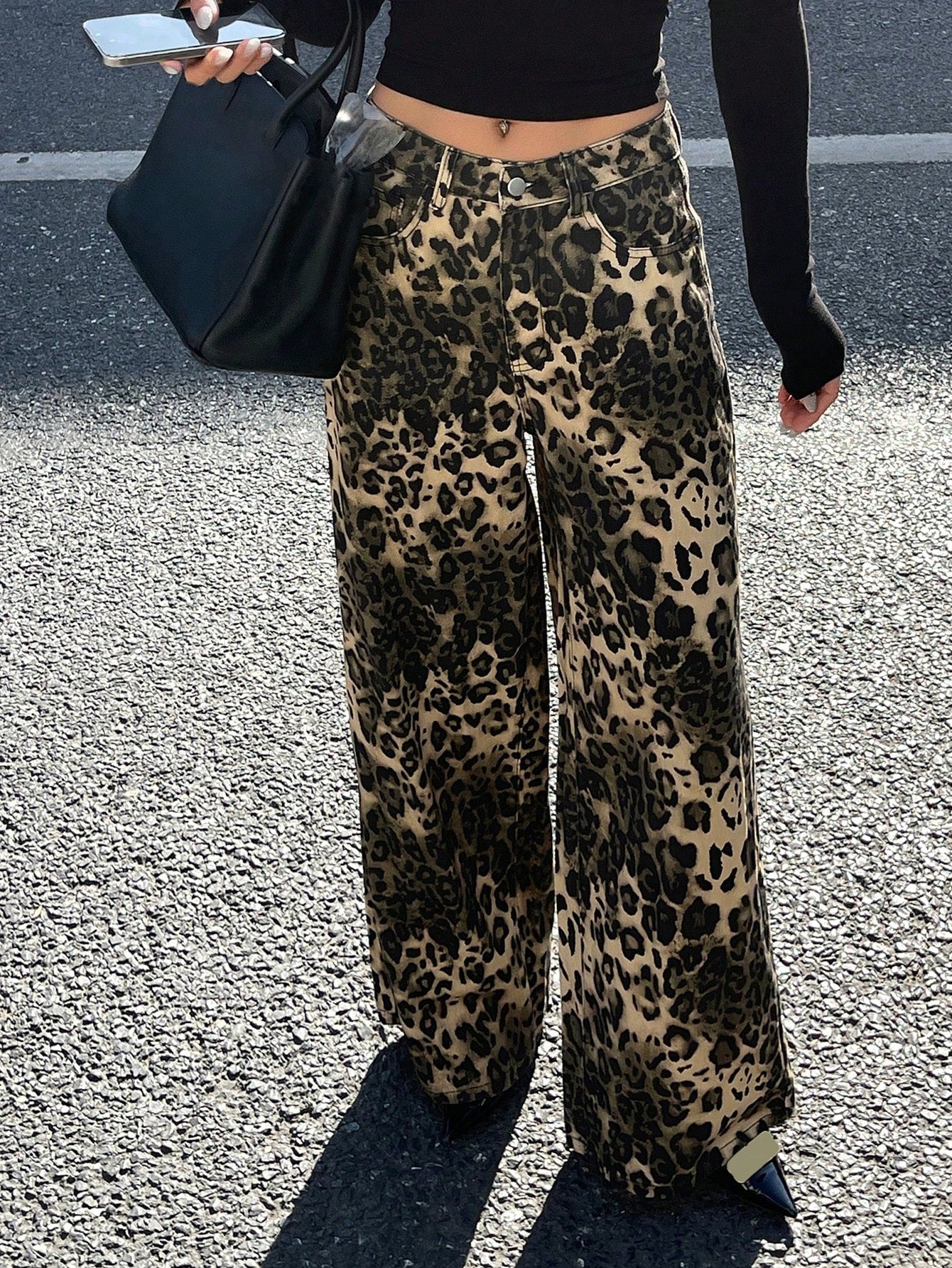 CM-BS884969 Women Casual Seoul Style High Waist Leopard Print Straight Leg Loose Jeans - Coffee Brown