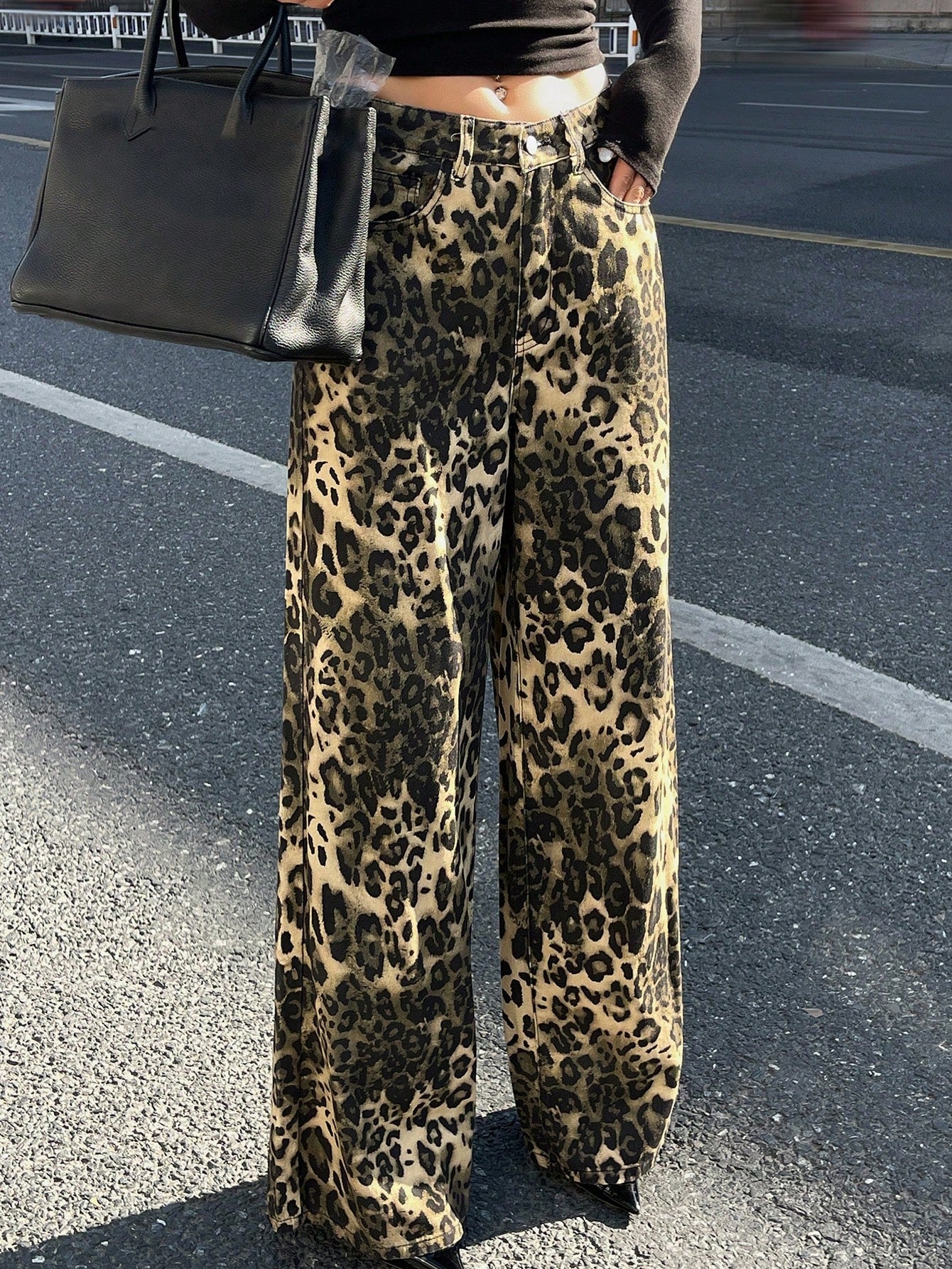 CM-BS884969 Women Casual Seoul Style High Waist Leopard Print Straight Leg Loose Jeans - Coffee Brown