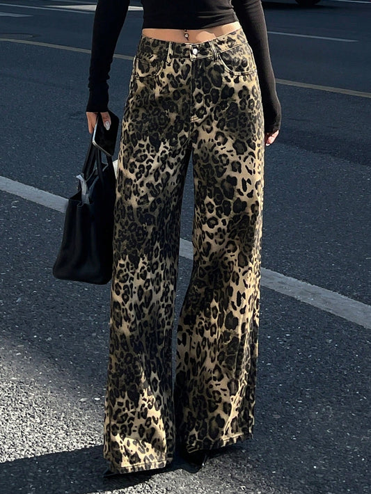 CM-BS884969 Women Casual Seoul Style High Waist Leopard Print Straight Leg Loose Jeans - Coffee Brown